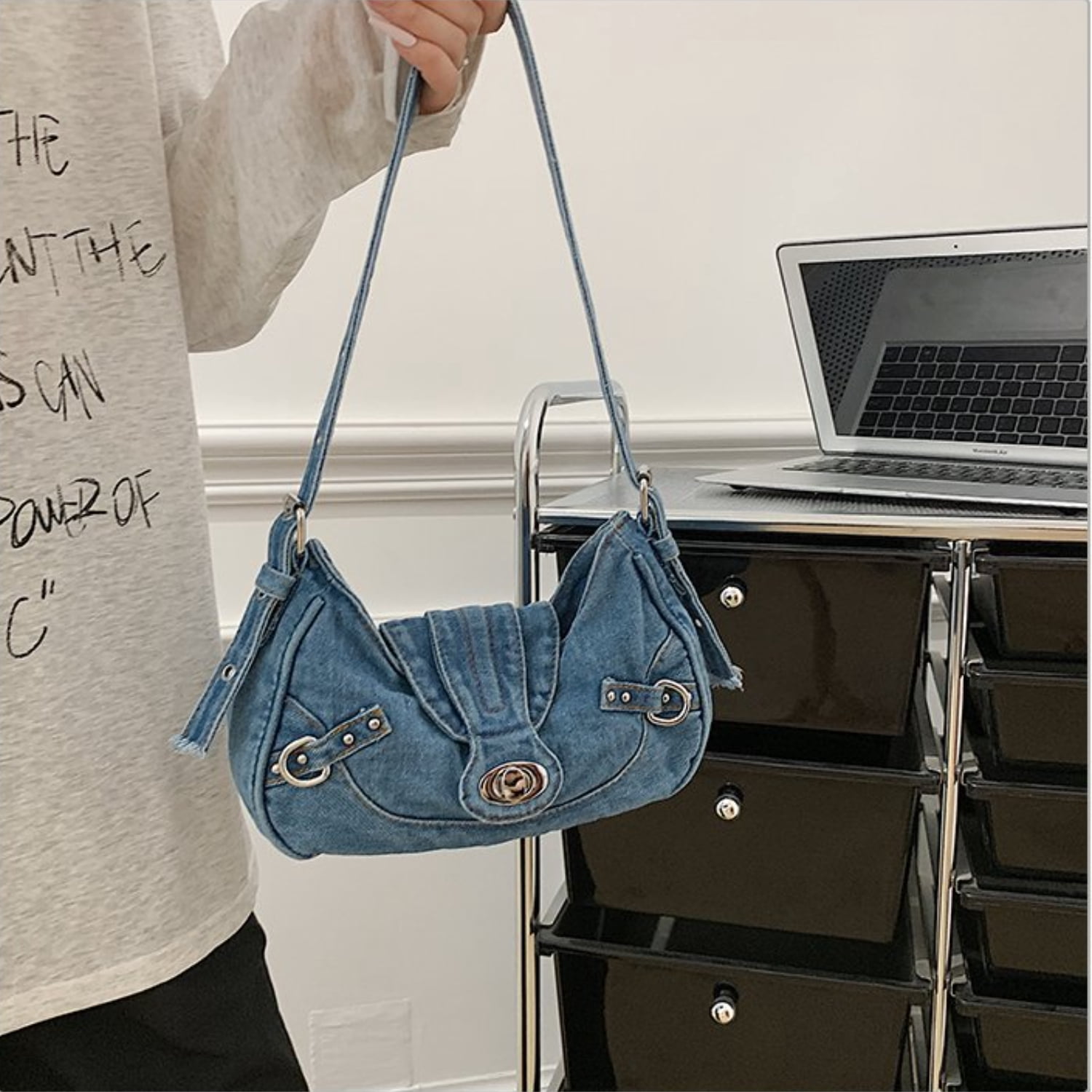 Women's Denim Crescent Shoulder Bag - Y2K Vintage Hobo Handbag, Trendy Mini Crossbody Purse for Girls, Casual Satchel with Adjustable Strap