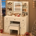 thumbnail image 2 of Farmhouse 43" Makeup Vanity Desk with LED Light Mirror and Charging Station, Makeup Vanity Desk Dressing Table with 3 Drawers & 2 Cabinets, Upholstered Stool for Bedroom, 2 of 9