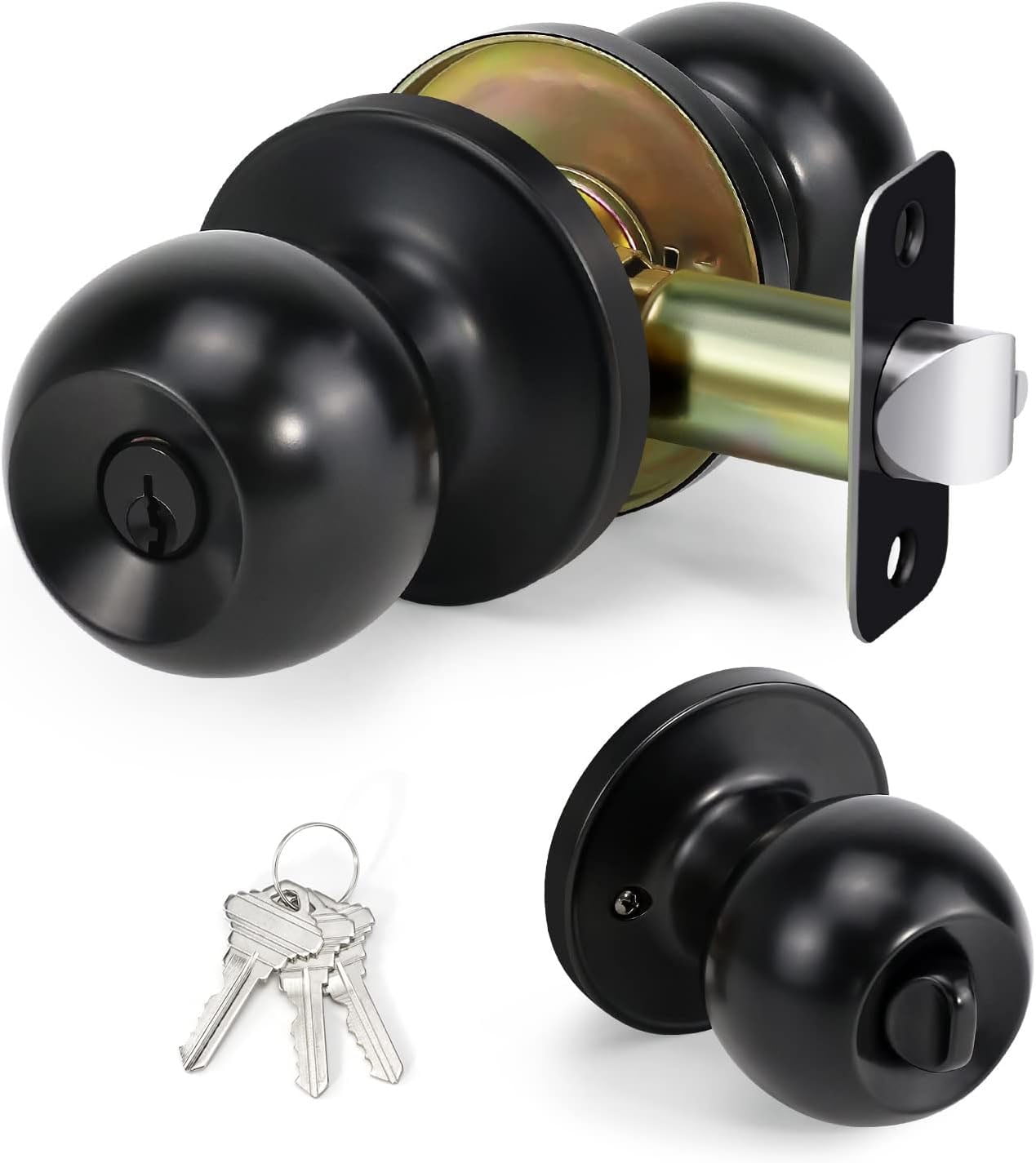Matte Black Door Knobs with Lock and Keys, Interior/Exterior Door Knob