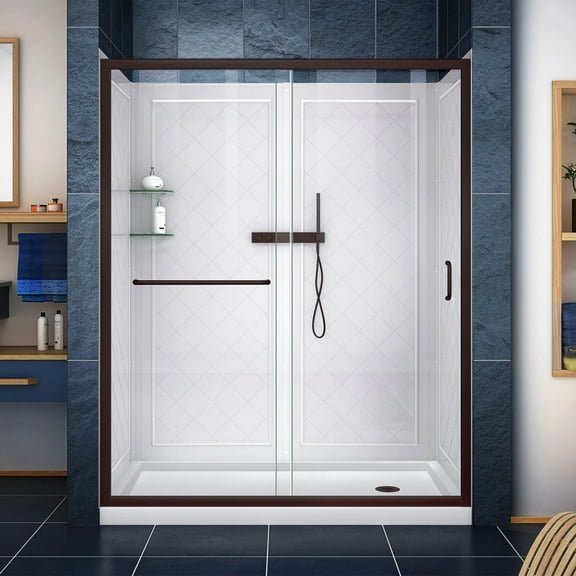 Infinity-Z 34 Inch D x 60 Inch W x 76-3/4 Inch H Clear Sliding Shower Door with Right Drain Shower Base and Back Wall