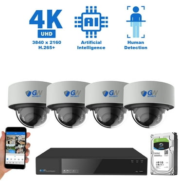 GW 8 Channel 4K NVR 8MP (3840x2160) H.265  Starvis Starlight Smart AI Security Camera System - 4 x UltraHD 4K Human Detection PoE IP Dome Camera - 8MP (Two Times the Resolution of 4MP HD)