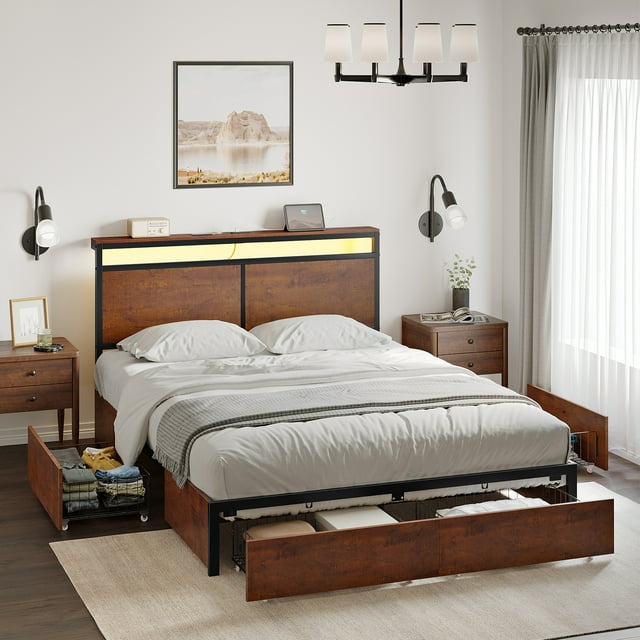 Cama Matrimonial FABATO con cabecera, cajones y Luces LED USB