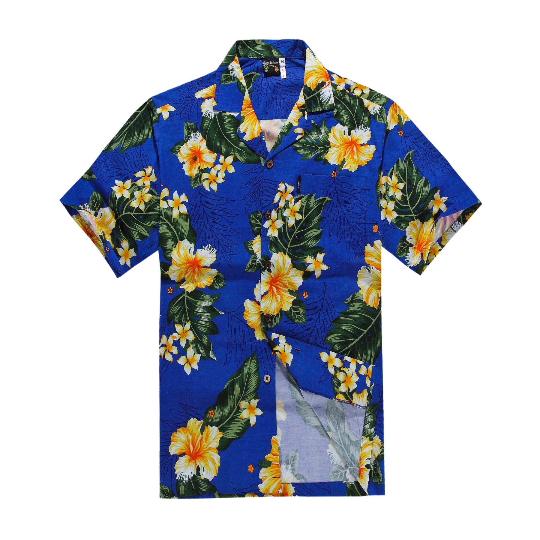 Hawaiian Shirt Aloha Shirt in Blue with Orange Hibiscus and Green Leaf ...