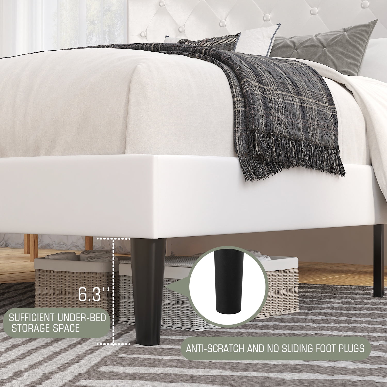 Sha Cerlin White Full Size Platform Bed Frame with Adjustable Leather Tufted Headboard, Mattress Foundation