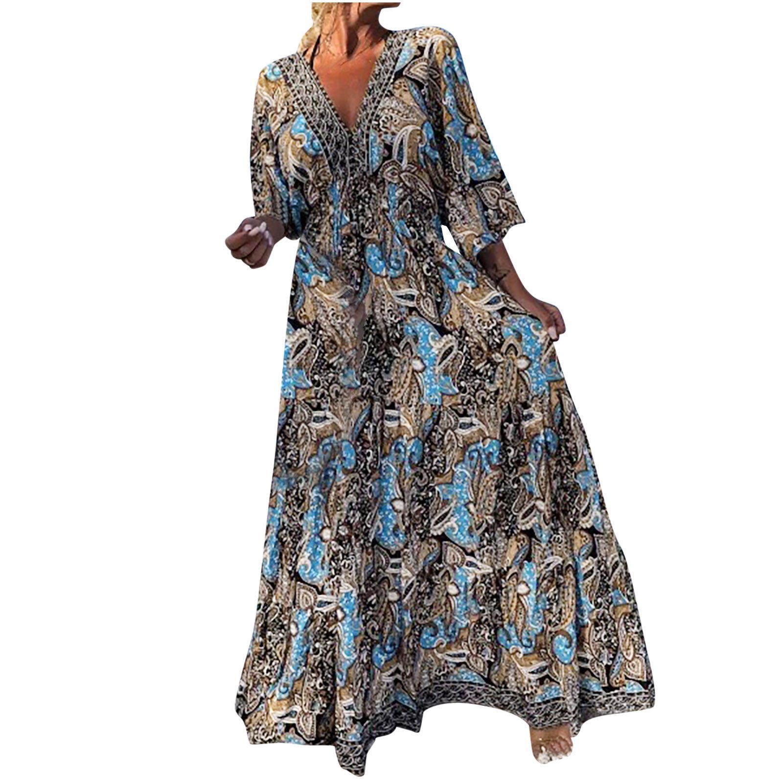 long sleeve boho maxi dress amazon Womens V Neck Tie Waist Long Maxi Dress Casual Loose Tiered Flowy Swing Beach Sundress Women's LORD & TAYLOR Hollace feels soft and no Color:coffee Brown