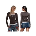 thumbnail image 6 of LMLYSoH Women Fashion Lace Stitching T-Shirt Long Sleeve Sweet Temperament Shirts Square Neck Spring Fall Tops, 6 of 7