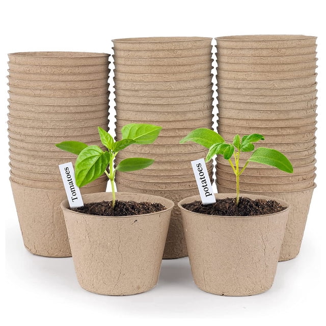 Macetas de Turba, 60 Piezas Macetas de Inicio de Semillas de 3 Pulgadas, Maceta Redonda de Vivero, Macetas Biodegradables con 20 Etiquetas de Plantas Adicionales