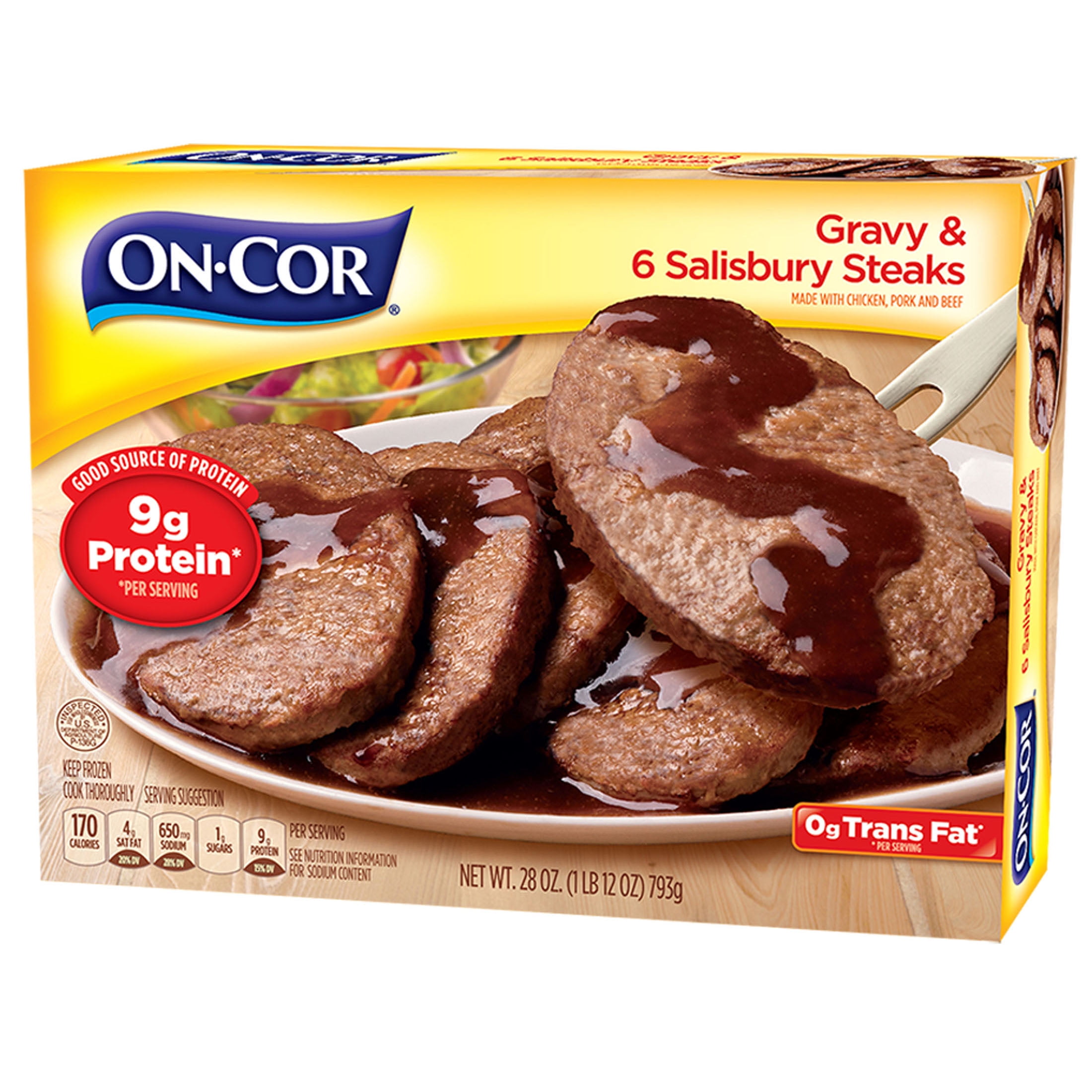 On-Cor Gravy & 6 Salisbury Steaks Entree, Regular 28 Ounce Package Meal, (Frozen)
