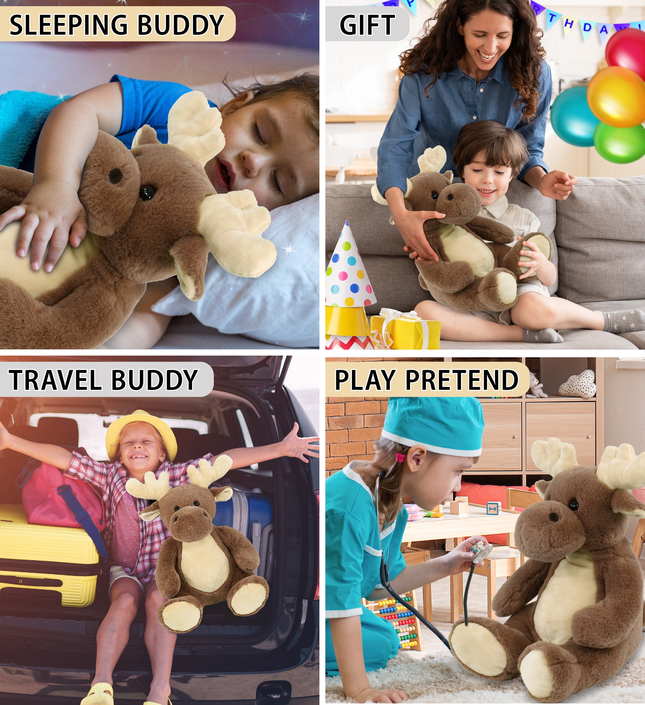 DolliBu Extra Large Moose Stuffed Animal - Soft Huggable Moose, Adorable Playtime Moose Plush Toy, Cute Wild Life Cuddle Gifts, Super Soft Moose Plush Doll Animal Toy for Kids and Adults - 14 inches