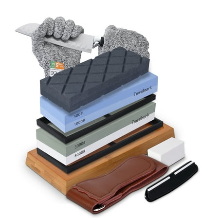 

Sharpening Stone Whetstone Set Double-Sided 400/1000 and 3000/8000 Grit Whetstones Flattening Stone & Releveling Stone - Leather Strop and Angle Guide Included - Sharpen and Polish Metal Blades