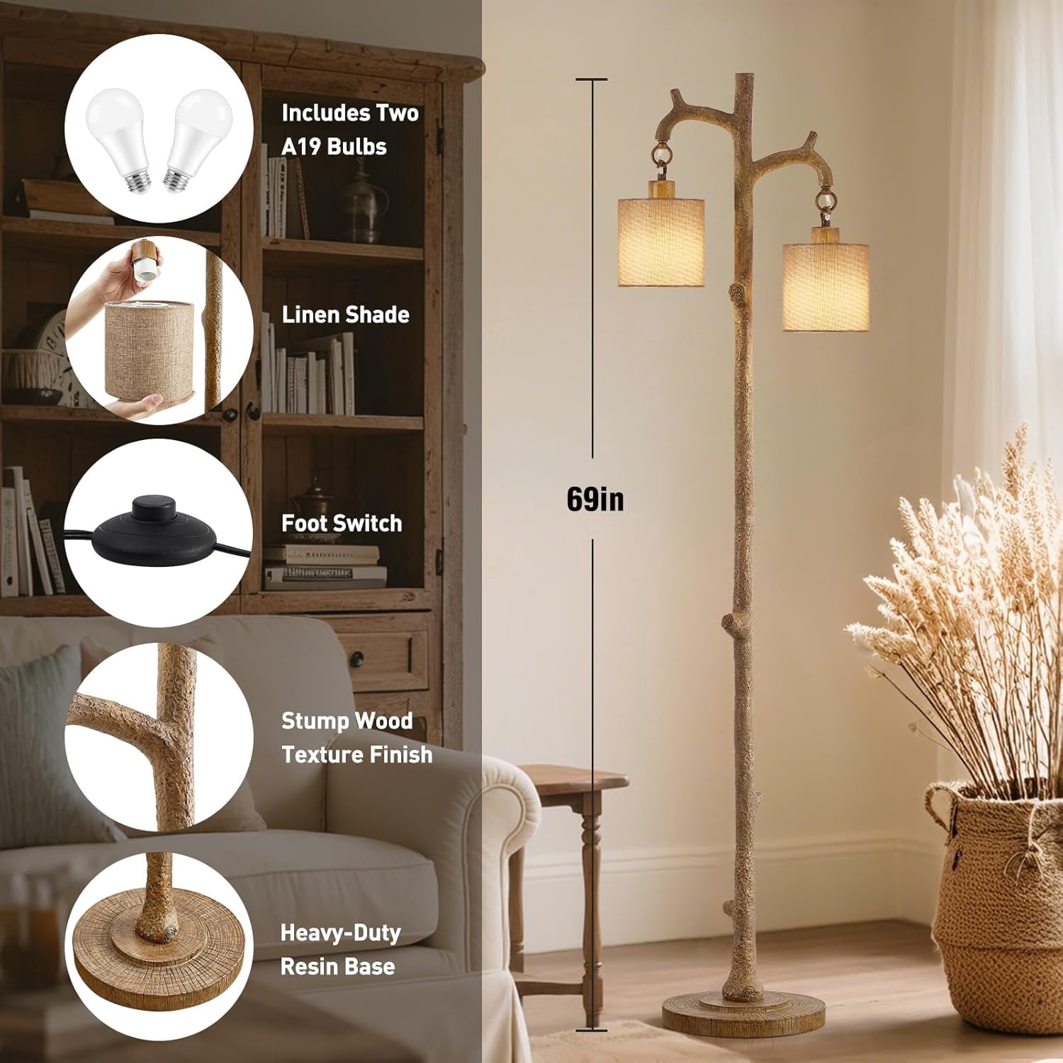 NATYSWAN Floor Lamp for Living Room - 69" Rustic Farmhouse Tree Trunk Tall Lamp - Brown Reading Light with Linen Shade Standing Lamps for Bedroom Office Home Decor