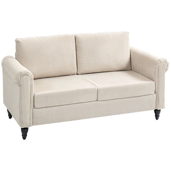 Vintage 2 Seater Loveseat, Soft Corduroy Fabric Upholstered Small Sofa with Rolled Arms & Rubberwood Legs, Compact Beige Couch for Living Room, Bedroom or Apartment, 57.9" W