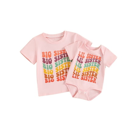 

Mioliknya Little Girl Short Sleeve Tops + Letter Romper Matching Sister Set