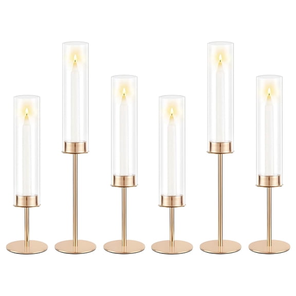 Set of 6 Hurricane Glass Candle Holders Gold, Taper Candlestick Holders with Clear Cylinder Sleeves, Elegant Table Centerpiece for Wedding, Birthday, Christmas, Home Decor
