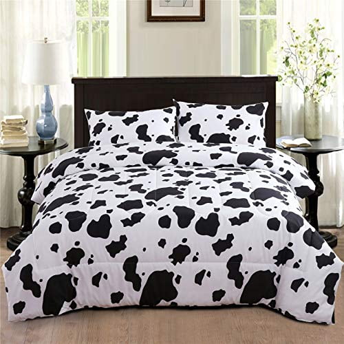 PERFEMET Cow Print Bedding Comforter Set Full/Queen Size Black and White Reversible Geometric Checkered Bedding Set for Kids Teens Boys Girls Rustic Animal Cowhide Pattern Bed Quilt Set