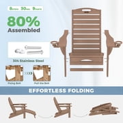 Ciokea Folding Adirondack Chair with Ottoman HDPE Pool Chair Pull Out Footrest with 2 Cup Holders Patio Garden Teak