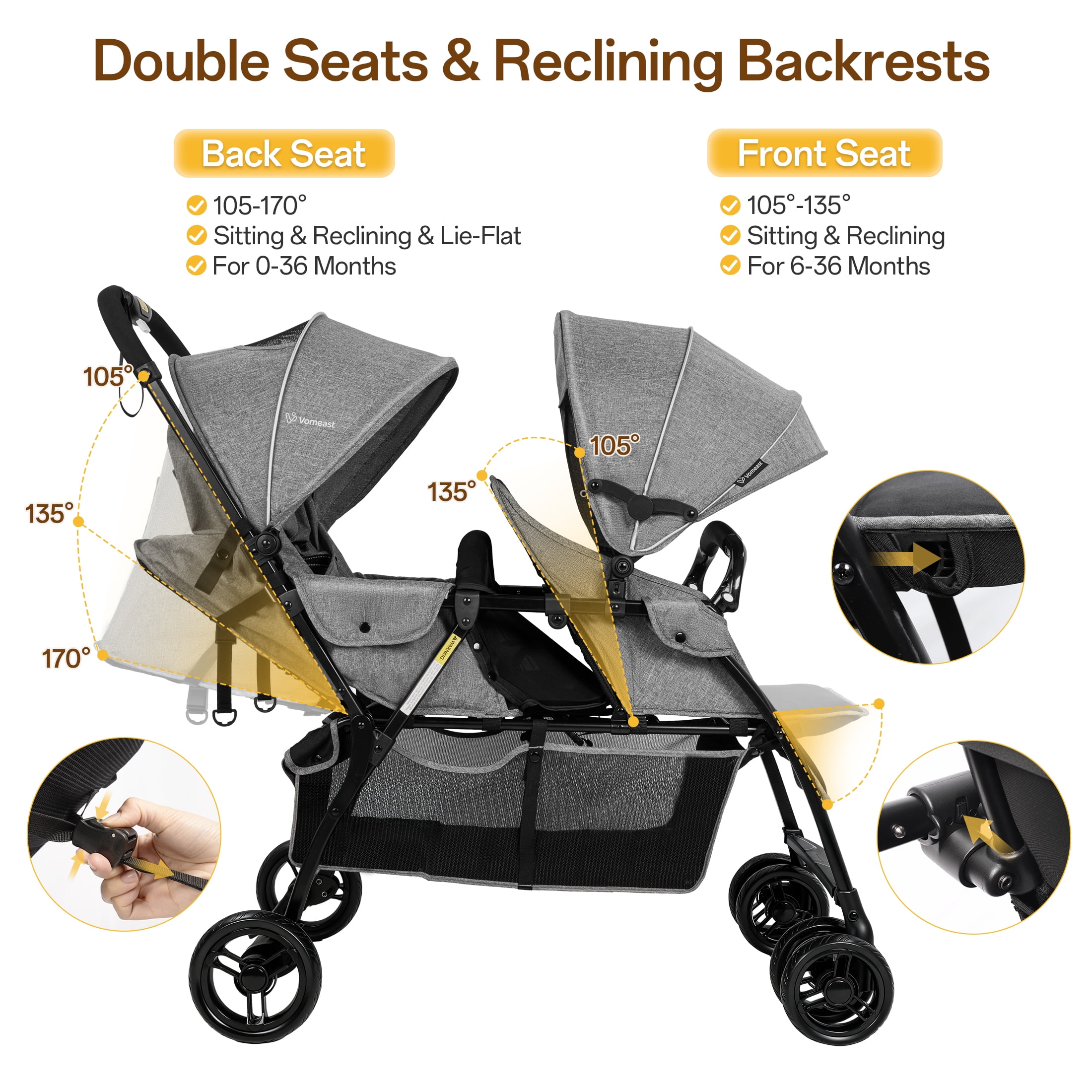 Vomeast Double Stroller for Twins, Foldable Lightweight Travel Stroller for Infant and Toddler, 5-Point Harness, Adjustable Canopy & Reclining Seat, Gray