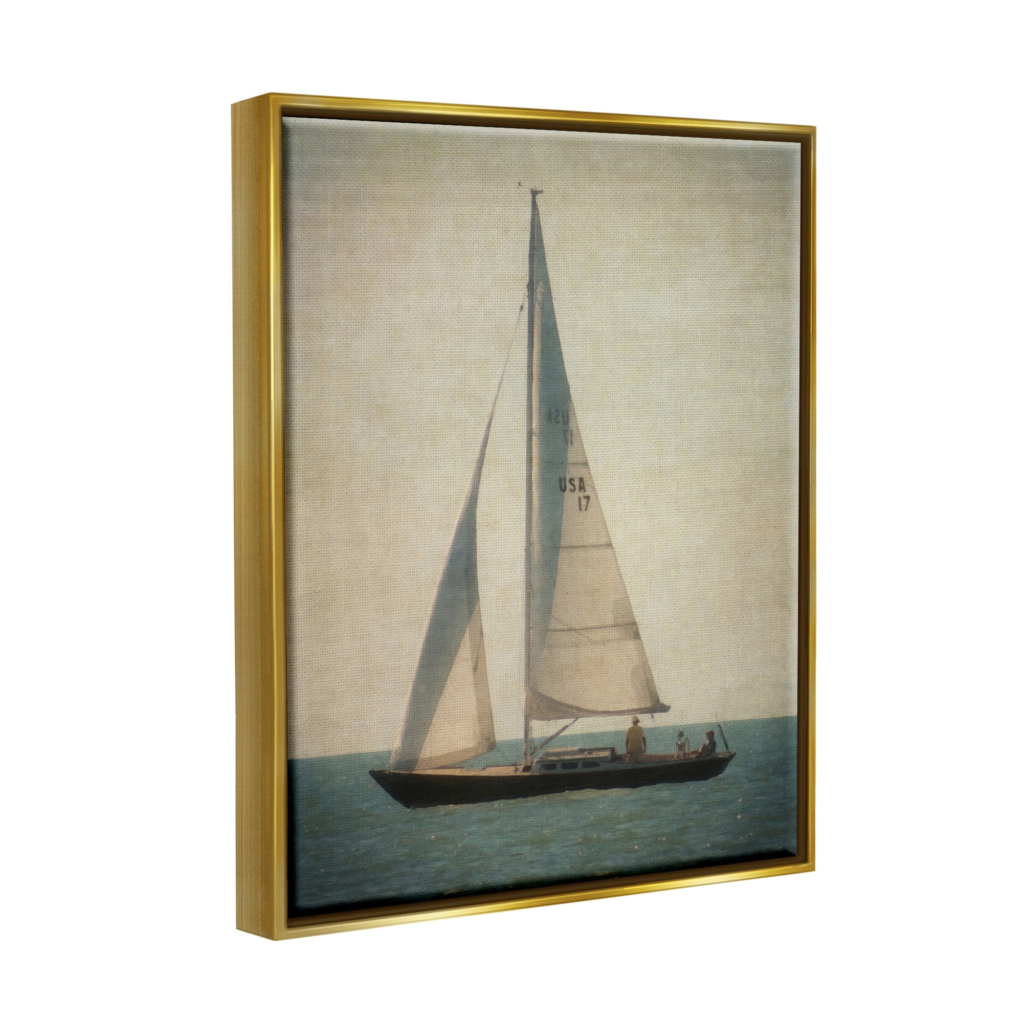 Stupell Industries Lone Sailboat People Relaxing Quiet Ocean Landscape Painting Metallic Gold Floating Framed Canvas Print Wall Art, Design by Graffitee Studios