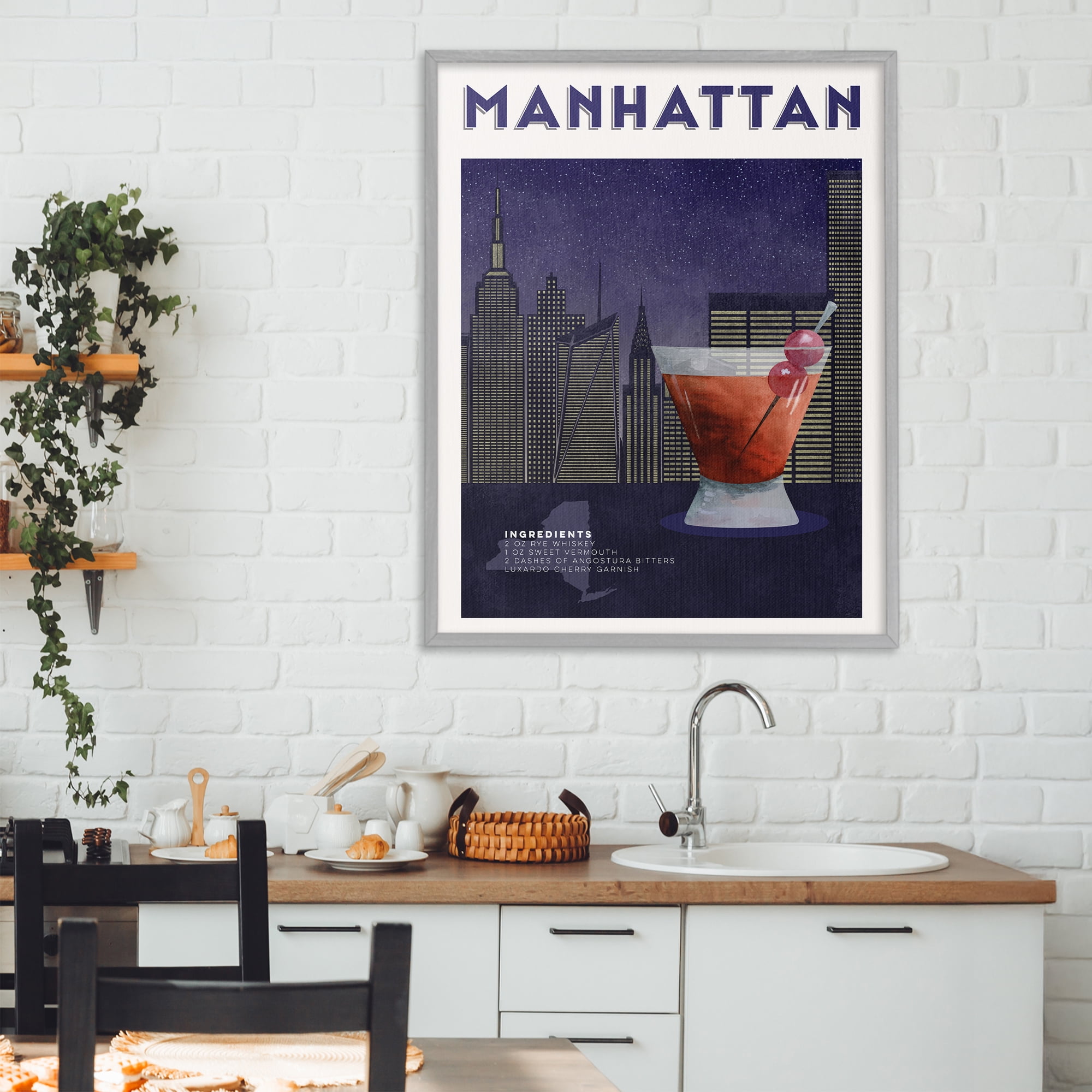 Retro Manhattan Cocktail Cityscape Gray Framed Giclee Art, design by Brett Blumenthal