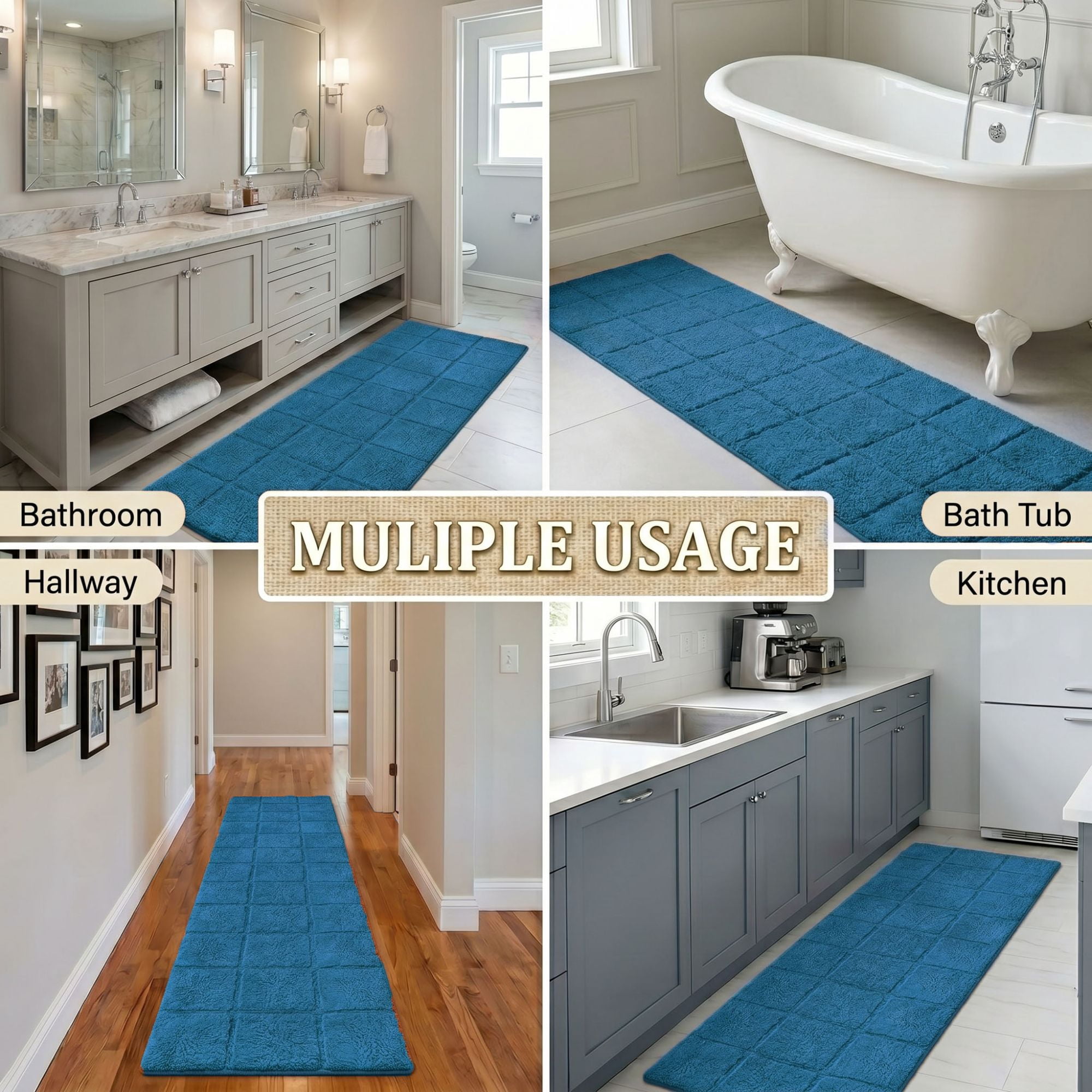 Superior Checkered Cotton Washable Non-Slip Bath Rug, Runner Size, Sapphire