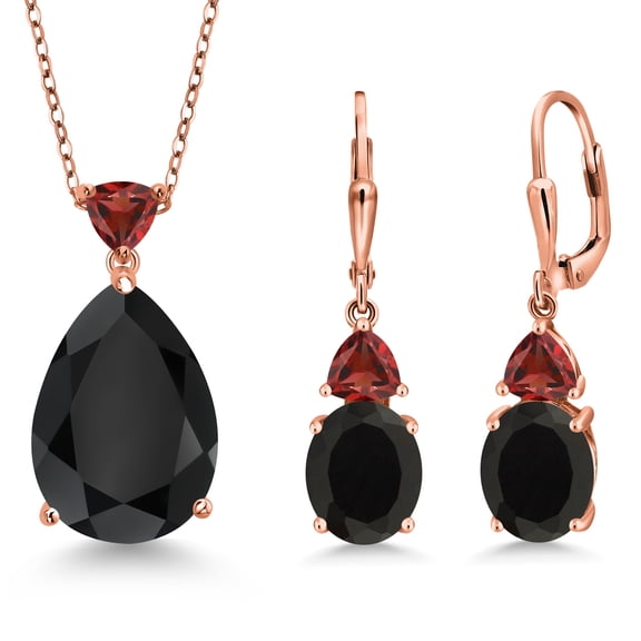 Gem Stone King 18K Rose Gold Plated Silver Black Onyx and Red Garnet Pendant Earrings Jewelry Set for Women (16.53 Cttw, Pear Shape 18X13MM, with 18 inch Chain)