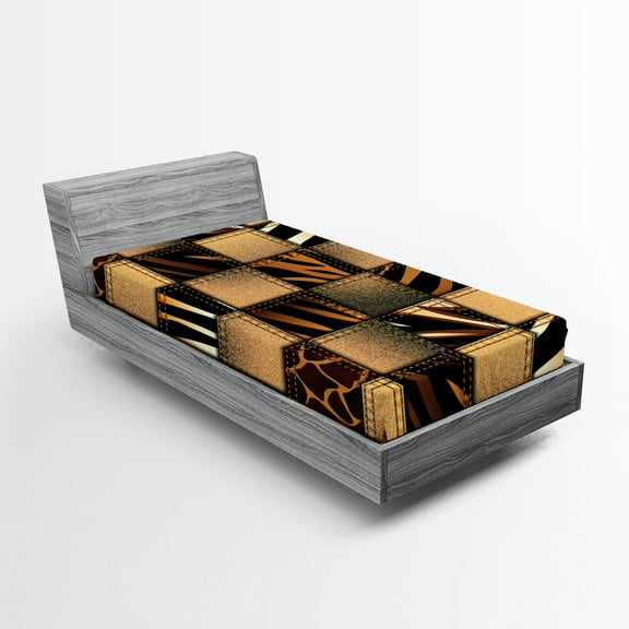 Ambesonne Savannah Fitted Sheet, Earthy Wildlife Patchwork, Twin XL Size, Black and Brown
