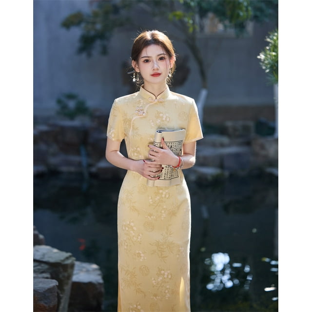 2025 Spring and Summer New Short Sleeve Bamboo Hemp Printed Mid-Length Breathable Cheongsam