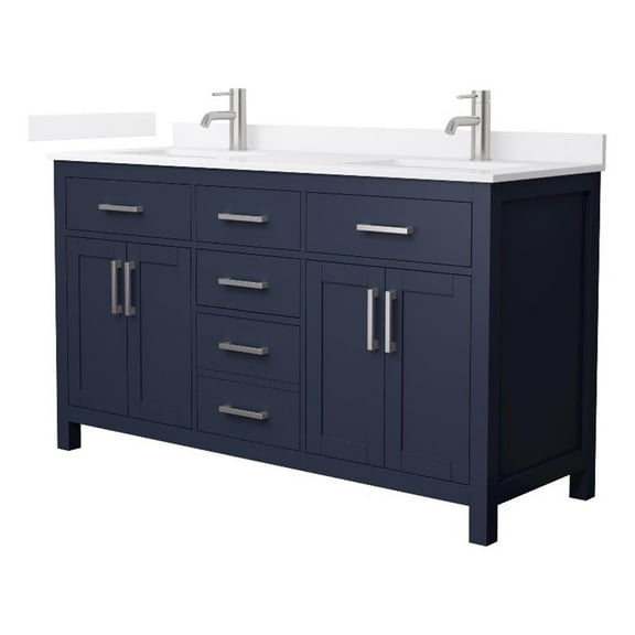 Beckett 60" Dark Blue Double Vanity & White Quartz Top (1-Hole) & Nickel Trim