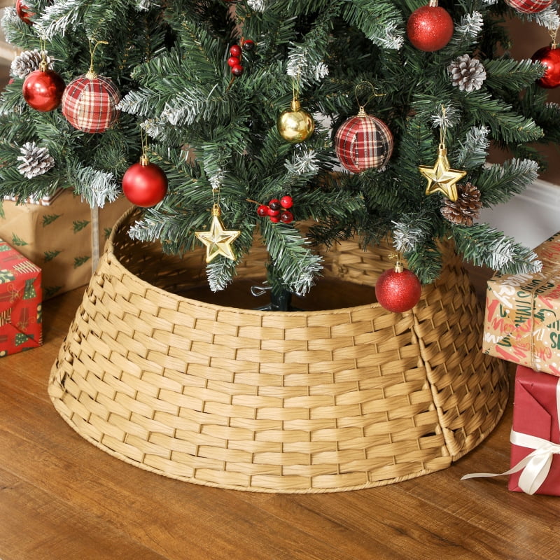 Alvantor Christmas Tree Collar, Rustic Woven Tree Skirt Alternative with Plastic & Metal Frame 26.8"x26.8"x8.7" Natural