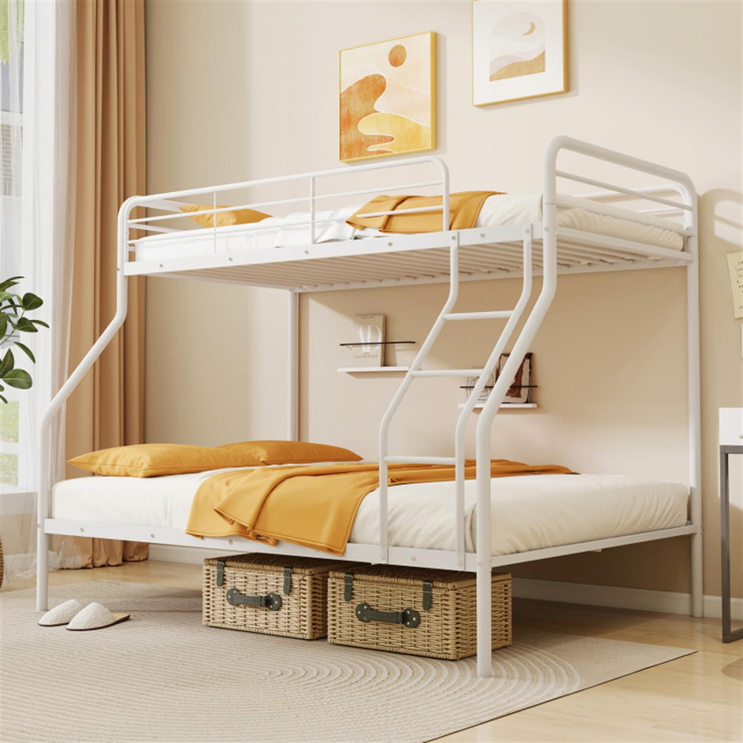 Demi Bonn Twin Over Full Bunk Bed with Ladder and Full-length Guardrails, Metal Bunkbeds for Bedroom, No Box Spring Needed, White