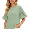 thumbnail image 2 of Xaqiouau Womens Gingham Ruffle Bell Sleeve Blouse Casual Crew Neck Check Print Summer Top, 2 of 7