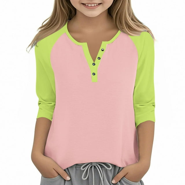 Cowsor Girl's Casual 3/4 Sleeve T Shirts Button V Neck Tunic Blouses Color Block Basic Tee Tops Loose Fit Summer Shirt
