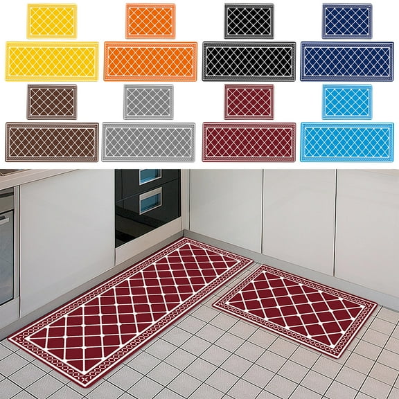 Non-Slip Kitchen Rug Set of 2, Cushioned Anti-Fatigue Floor Mats for Kitchen, Waterproof Washable Carpet Runner, Burgundy Red Lattice Design for Home, Office, Laundry Room