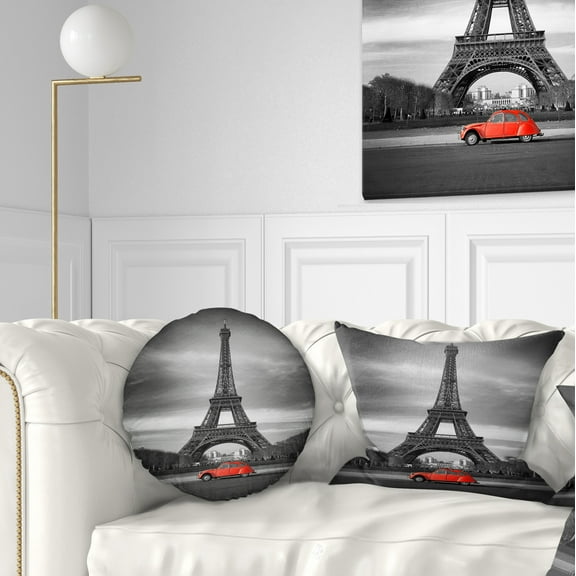 Designart Eiffel and Old Red Car - Landscape Printed Throw Pillow - 12x20