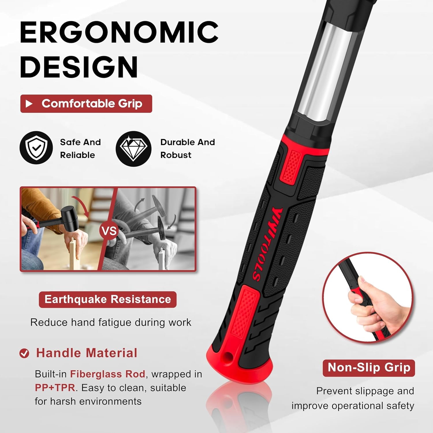 RGHJAR-16oz Rubber Mallet Hammer,Double Faced Soft Mallets,Durable Solid Rubber Head,Fiberglass Handle,Ergonomic Grip,Mallet for Flooring,Tent,Woodworking,Camping,Soft Blow Task without Damage