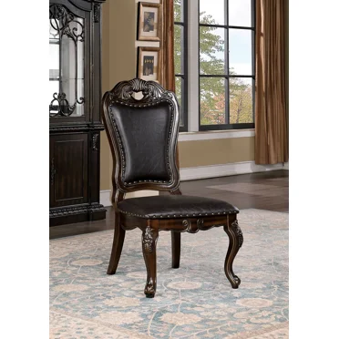 Walnut Solidwood Antique Traditional Set of 2pc Dining Side Chairs Dark Brown Leatherette Seat Dining Room