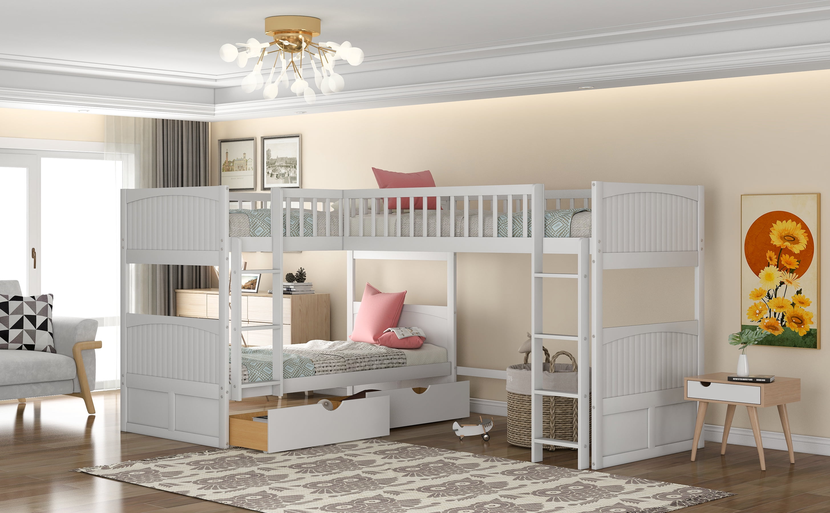 Euroco Twin Size L-Shaped Wood Triple Bunk Bed with Drawers for Kids Teens Bedroom, White