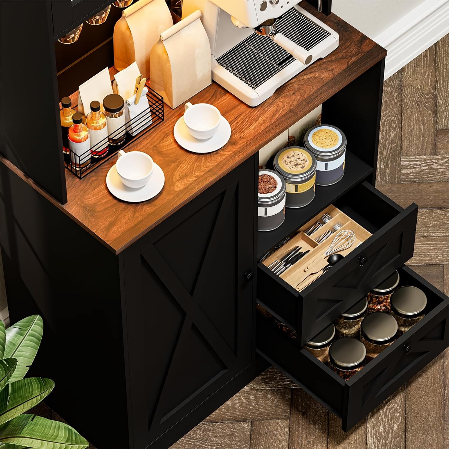 Timagebreze 71 Inch Farmhouse Pantry with LED Lighting & Electrical Outlet, Tall Kitchen Cabinet with Microwave Stand,Black
