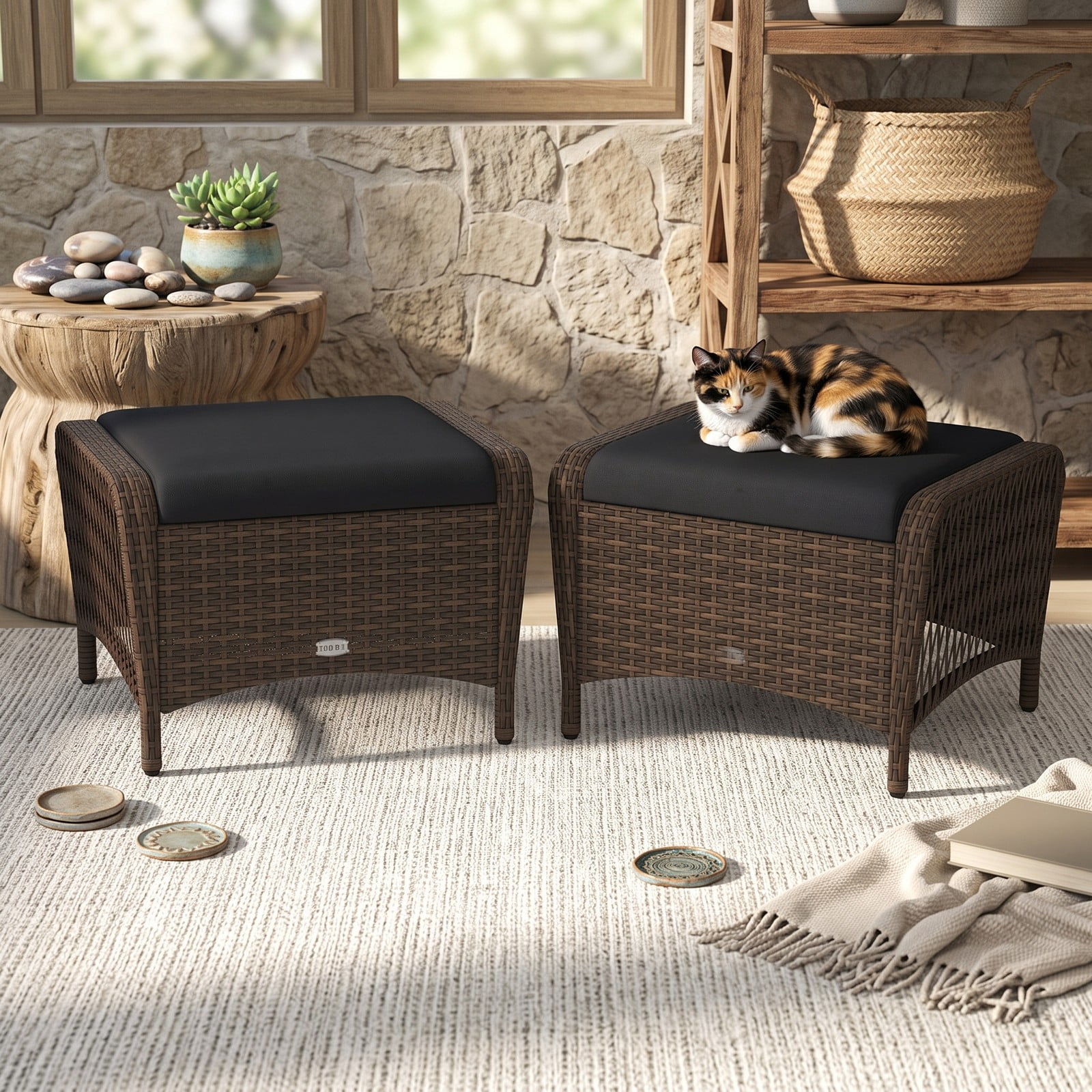 Furnibear Set of 2 Outdoor Patio PE Wicker Ottomans with Removable Cushions, Hand-Woven Rattan Footrest Extra Seat Coffee Table for Garden Porch Backyard, 400, Black