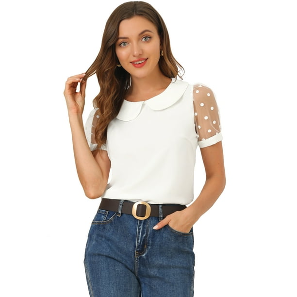 Blusa de manga corta con cuello redondo y cuello Peter Pan para