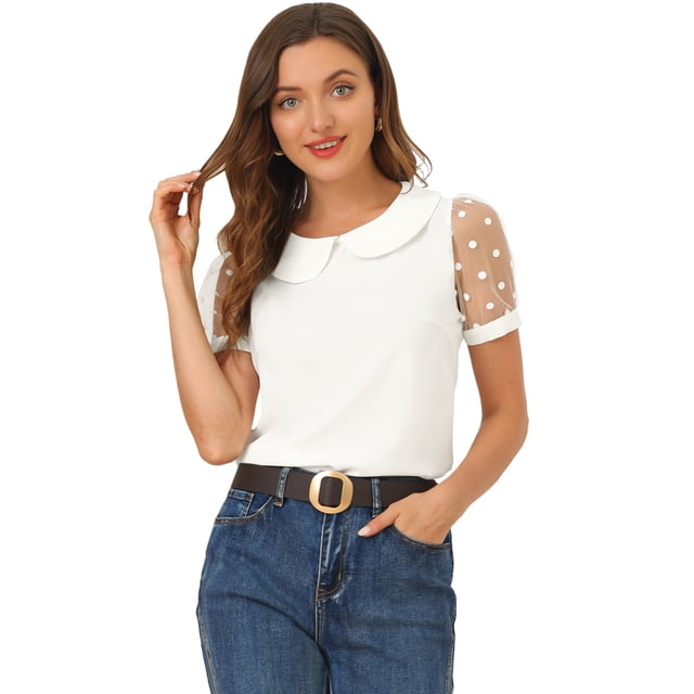 Blusa de manga corta con cuello redondo y cuello Peter Pan para mujer, estilo vintage, con lunares, manga de malla blanco XL