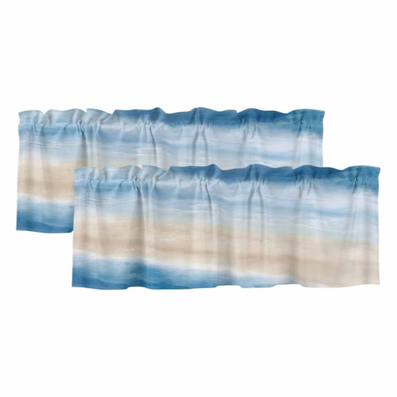 Summer Beach Valances for Window 2 Pack, Dark Blue Gradient Ocean Wave Beige Sand Abstract Rod Pocket Curtains Valances Light Filtering Short Curtains for Kitchen Bedroom Bathroom 42 x 12 Inch