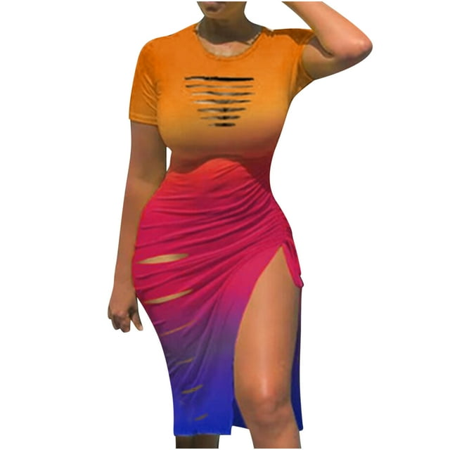 QIPOPIQ Robes pour Femmes Longue Robe Fluide à Volants Manches Courtes Tendance Col Rond Trou Robe d'Été Décontractée Robes Aguichant Jupe Longue 2023 Offres