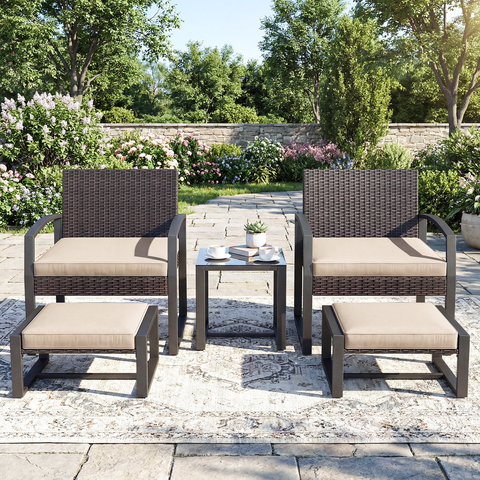 Costway Outdoor Furniture Set, Patio Rattan Conversation Set for Balcony,Porch, Backyard Mix Brown + Beige