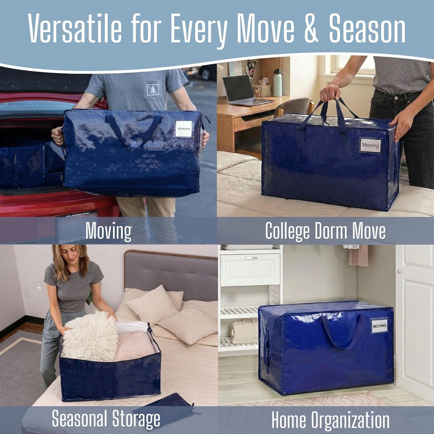VENO 7 Pack Moving Bags, Moving Supplies, Moving Boxes, College Packing Storage Boxes with Lids Alternative, Heavy Duty Dorm Organizer Tote, Extra Large, Sturdy Handles, Zipper (Blue)
