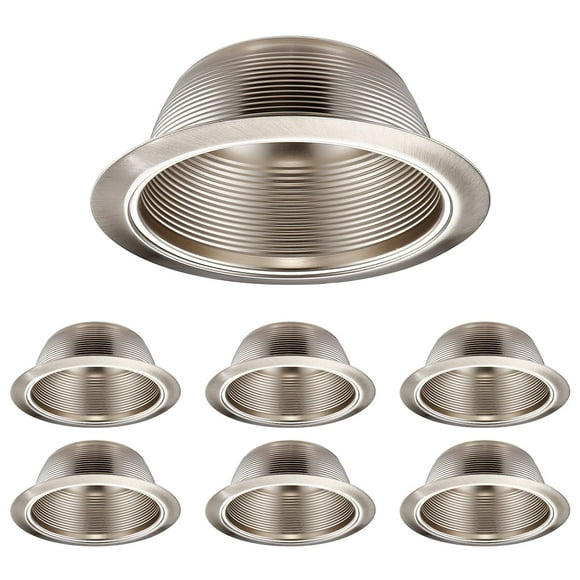 TORCHSTAR 6 Inch Stylish Decor Recessed Can Light Trim, Step Baffle with Detachable Ring, Full Metal, for 6 Inch Recessed Can, Fit Halo/Juno Remodel Recessed Housing, Satin Nickel, Pack of 6