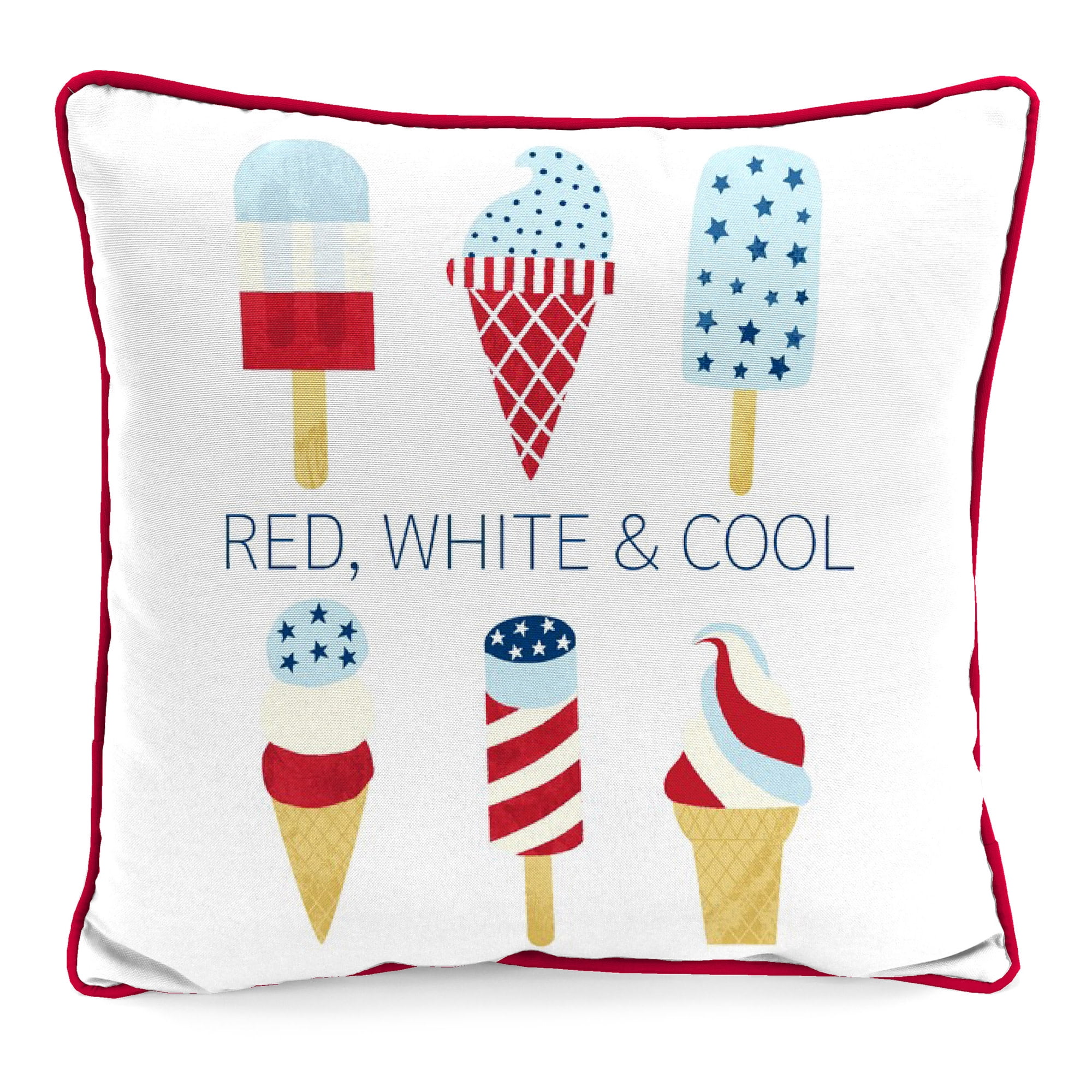 Jordan Manufacturing 16" x 16" Red, White and Cool Multicolor Novelty and Stripe Reversible Square Outdoor Throw Pillow with Welt