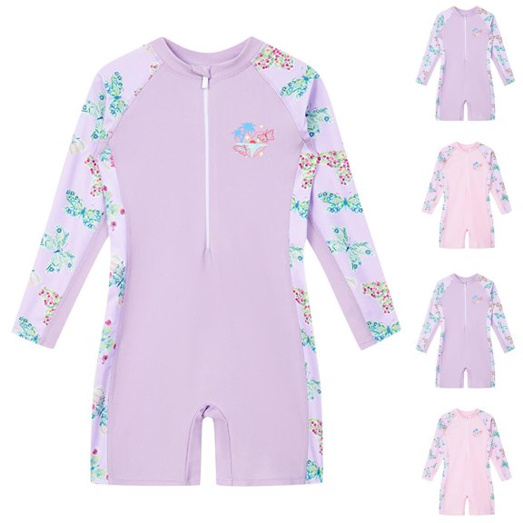 Bovxnpu Girls One Piece Swimsuit Girls Long Sleeve Half-zip Sun Protection Graphic 1 Piece Swimwear (Girl's or Girl's Plus)