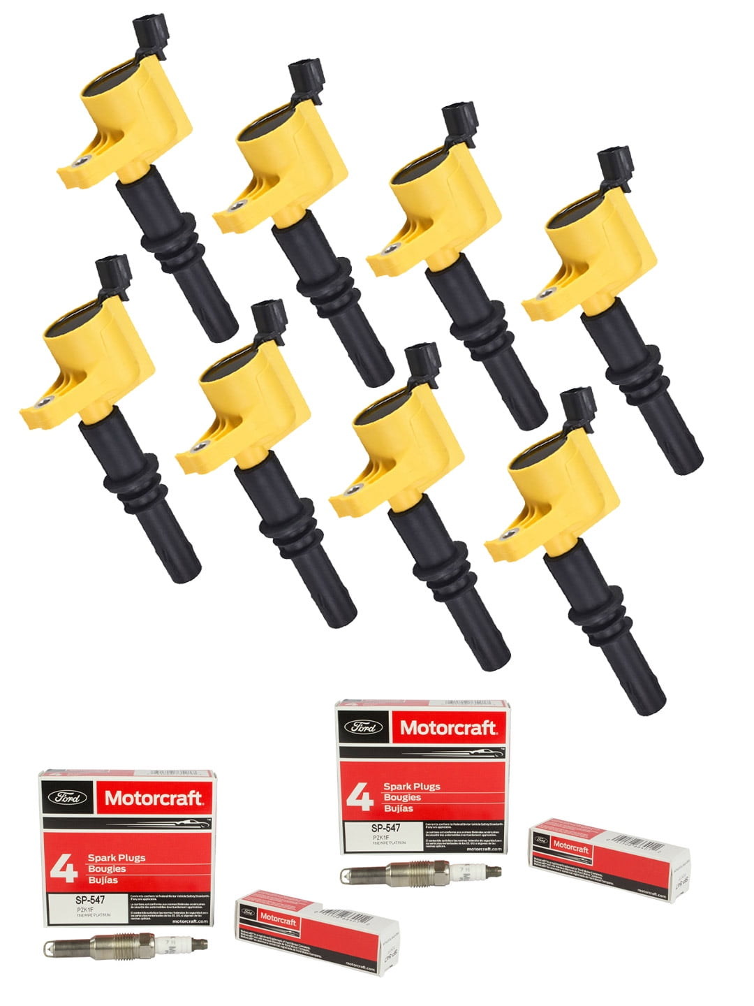 Set of 8 Yellow Color Ignition Coils and 8 Spark Plugs Compatible with
