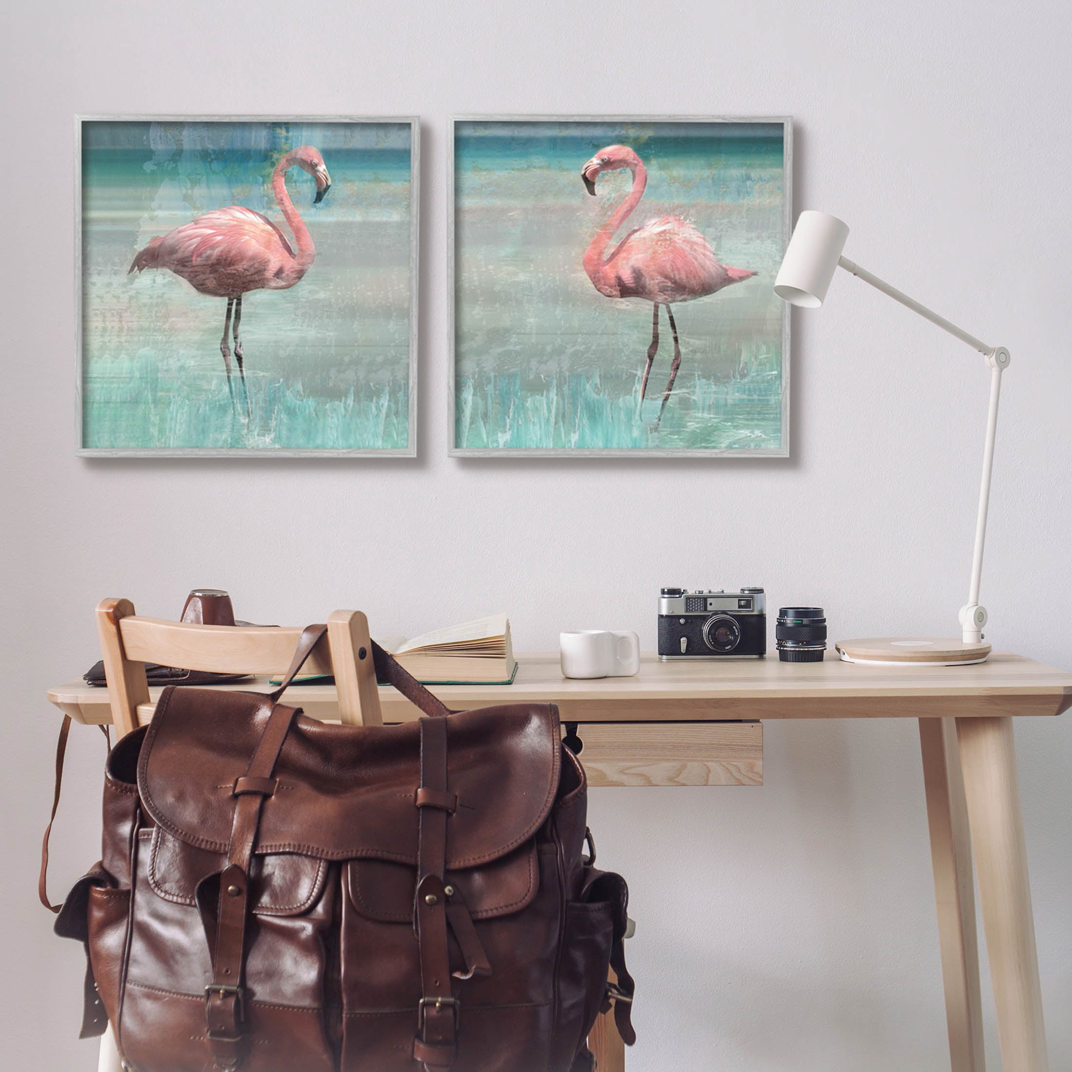 Stupell Industries Tropical Flamingoes Grazing Graphic Art Gray Framed Art Print Wall Art, Set of 2, Design by Nan